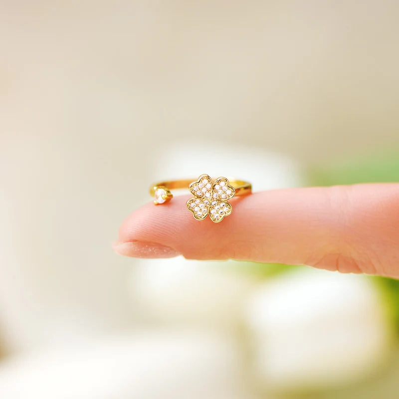 Ensemble Bijoux Trèfle à 4 Feuilles Porte-Bonheur - Collier, Boucles D'Oreilles Et Bague Anti-Stress Réglable Avec Zircon Pour Femme - 3
